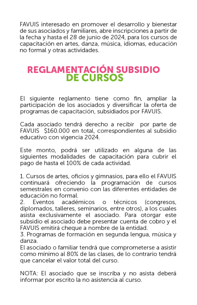 Texto sobre los reglamentos de subsidio de los cursos