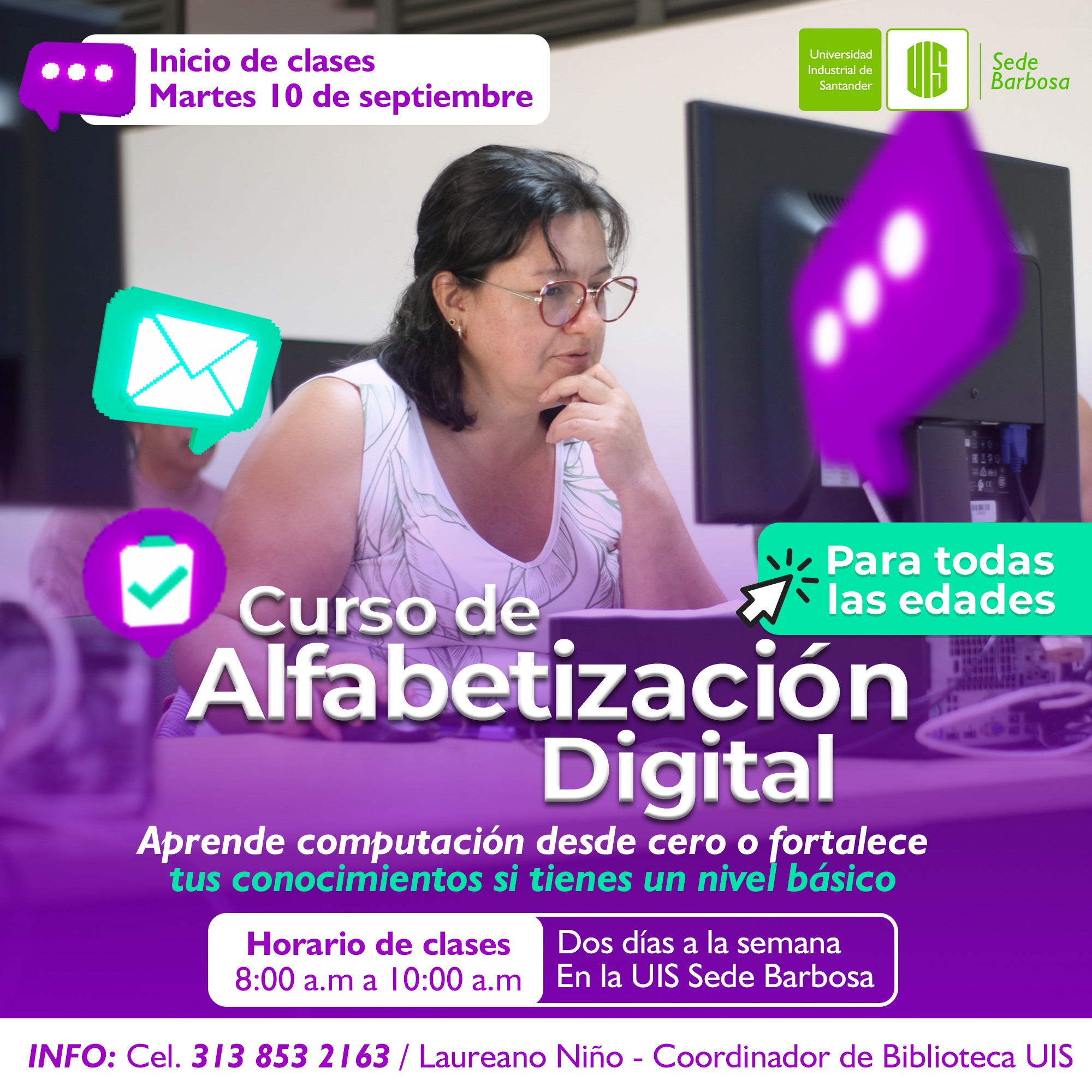 Imagen con el título de curso, su información y la foto de una mujer